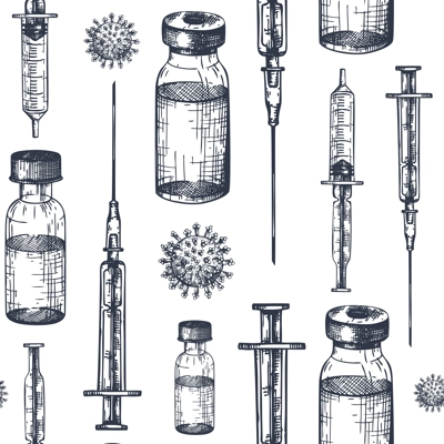 Coronavirus vaccine seamless pattern. Vector backdrop with vaccine bottle and syringe injection tools sketches. Vector covid19 immunization backdrop
